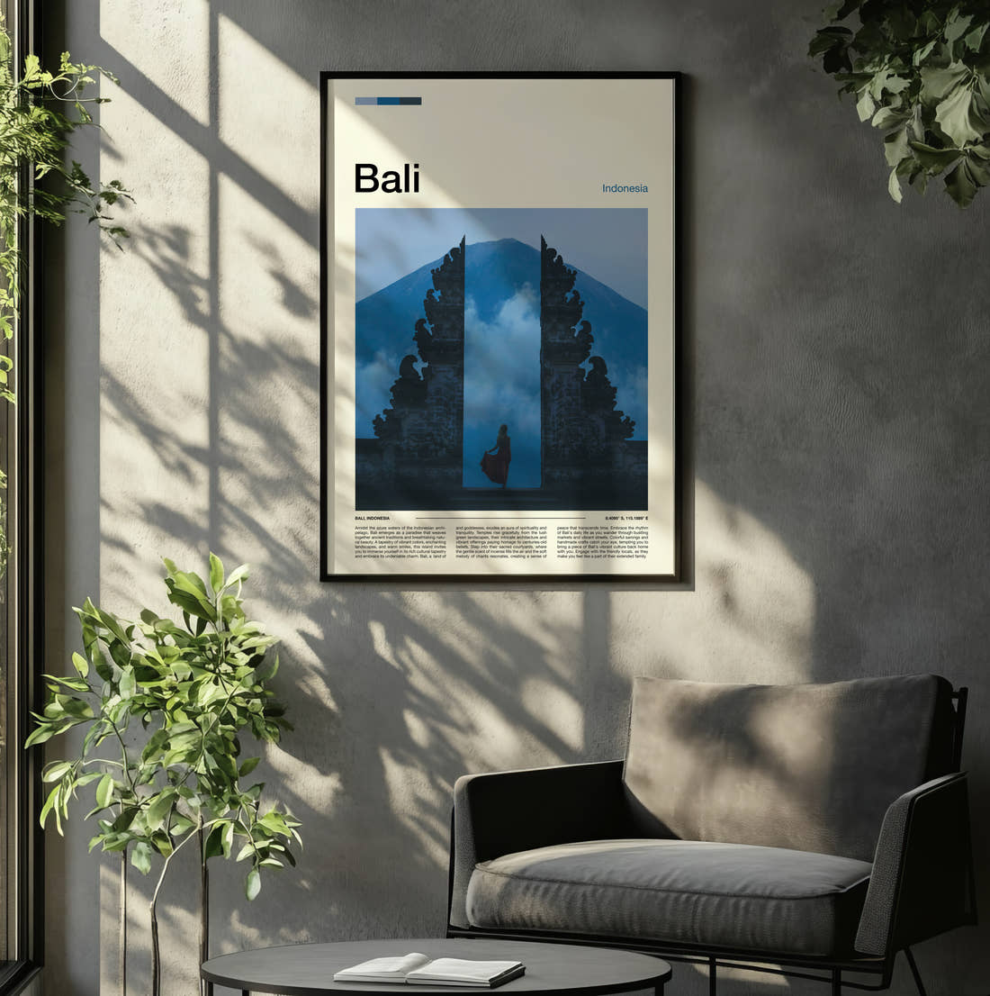 Bali Gates Of Heaven Travel Print framed on the wall of a relaxed living room