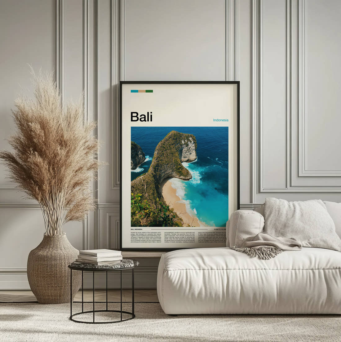 Bali Kelingking Beach Travel Print framed on the wall of a calm, neutral bedroom