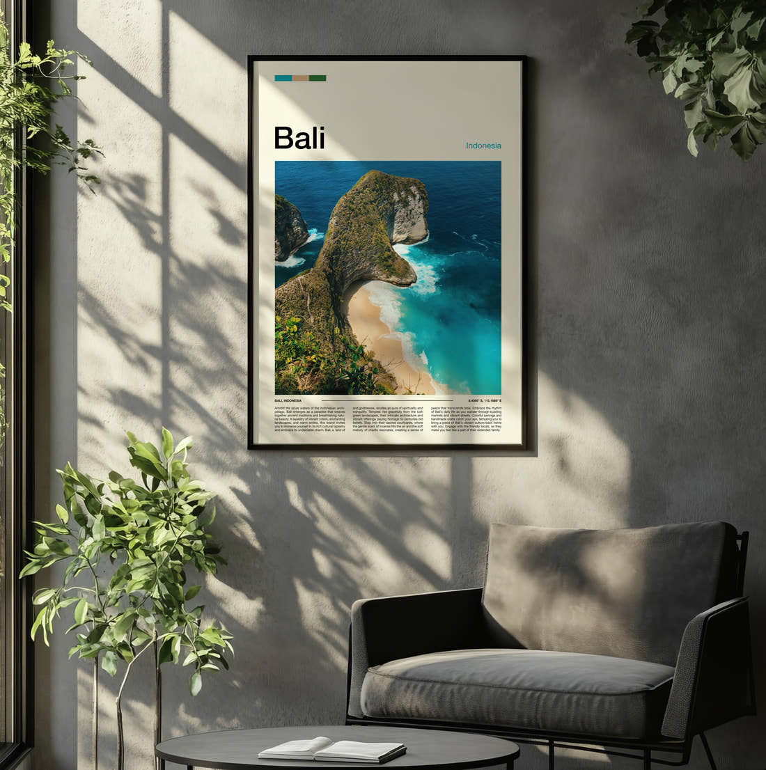 Bali Kelingking Beach Travel Print framed on the wall of a relaxed living room