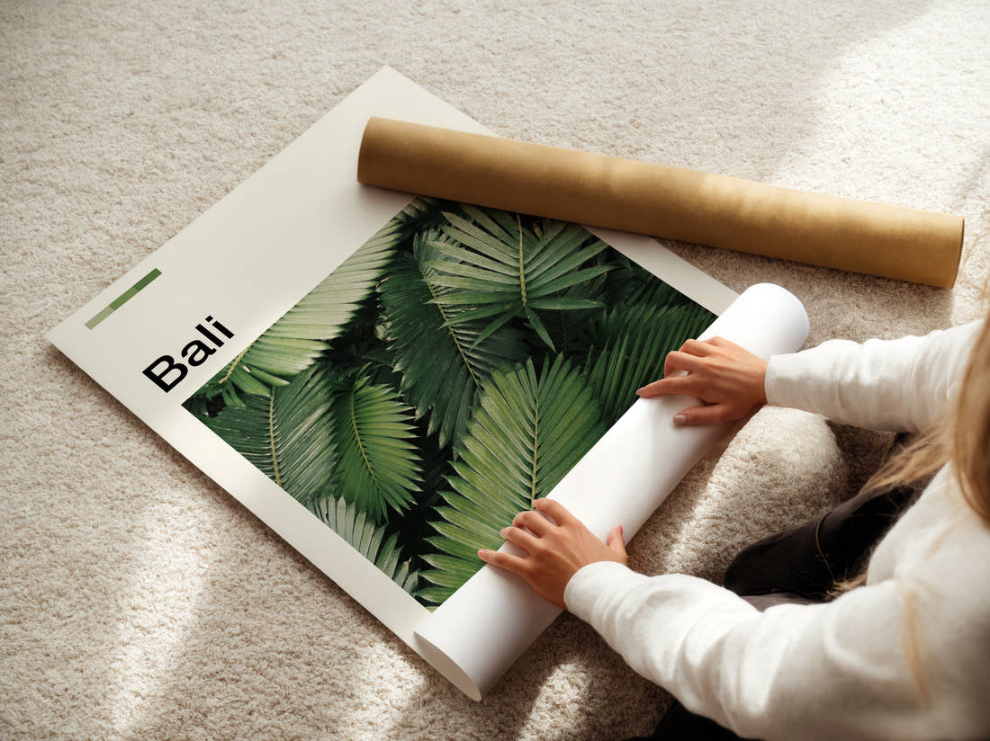 Bali Palm Leaves Travel Print being unrolled from its postal tube