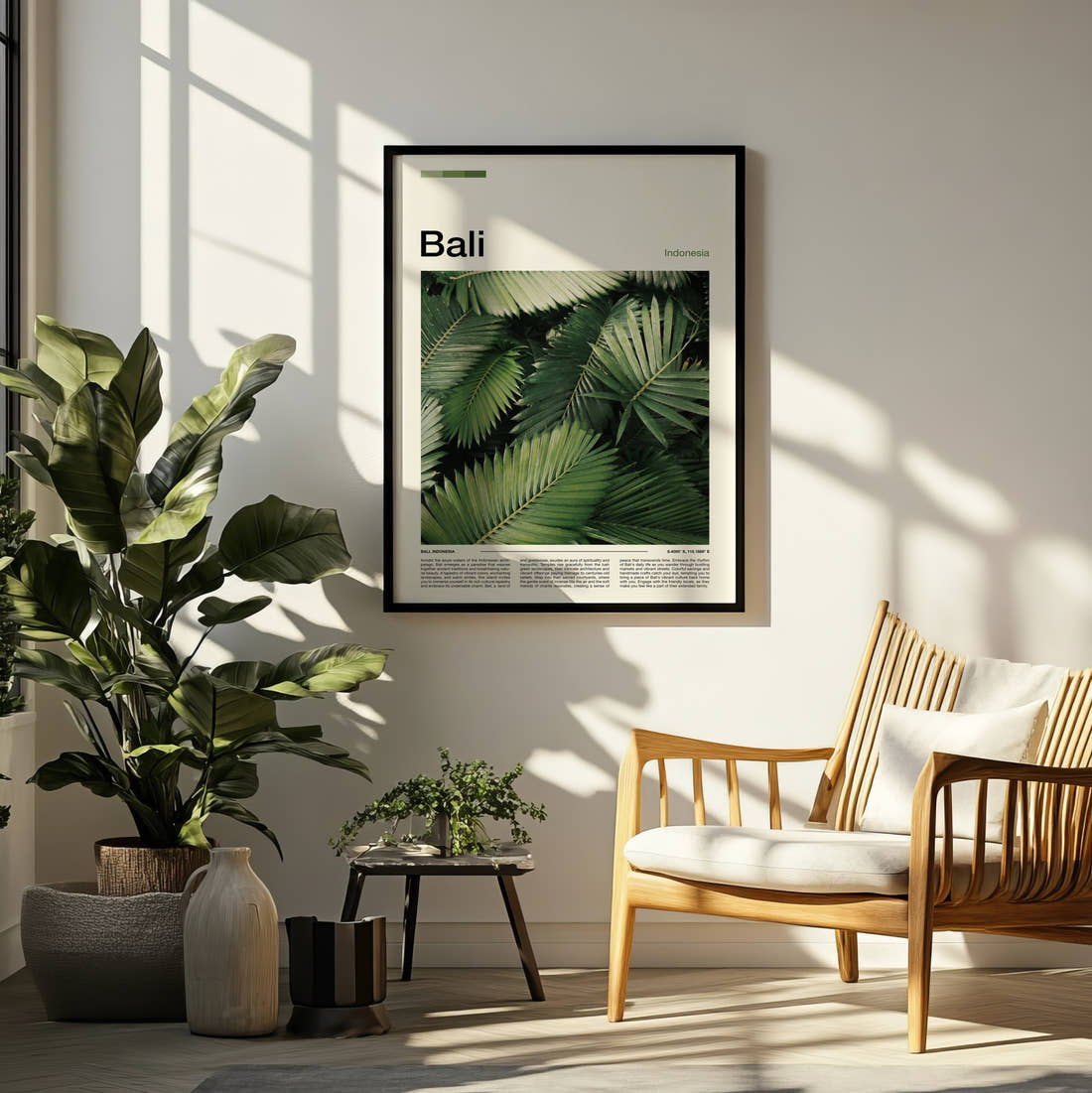 Bali Palm Leaves Travel Print framed on a pale wall beside houseplants