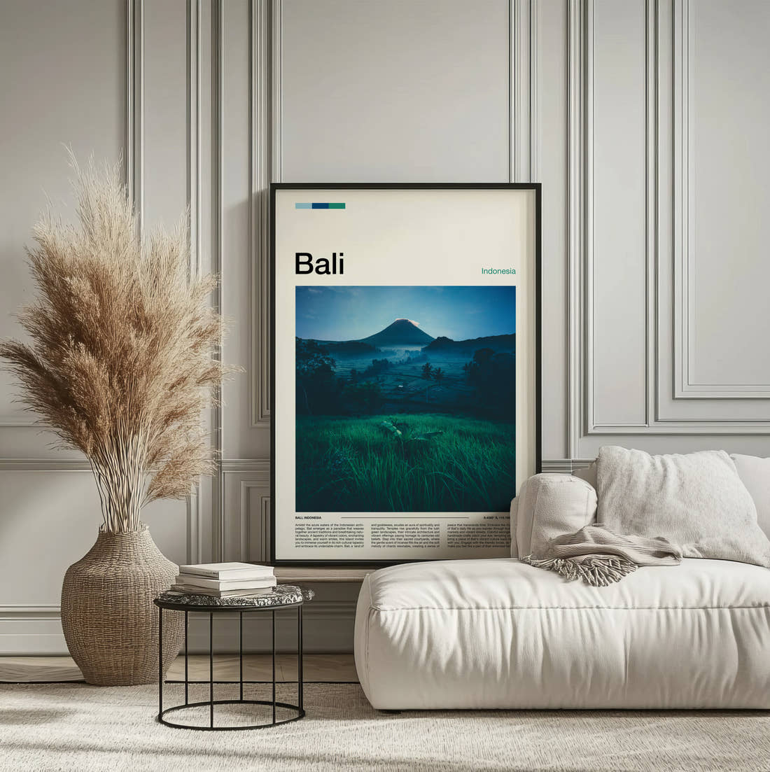 Bali Volcano At Dusk Travel Print framed on the wall of a calm, neutral bedroom