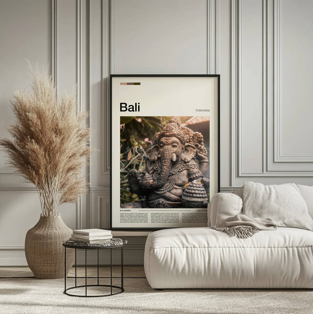 Bali Ganesha Statue Travel Print framed on the wall of a calm, neutral bedroom