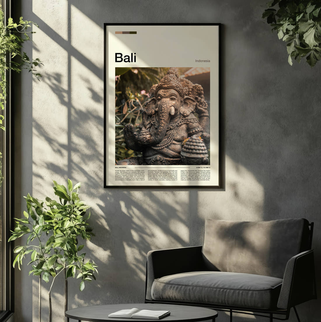 Bali Ganesha Statue Travel Print framed on the wall of a relaxed living room