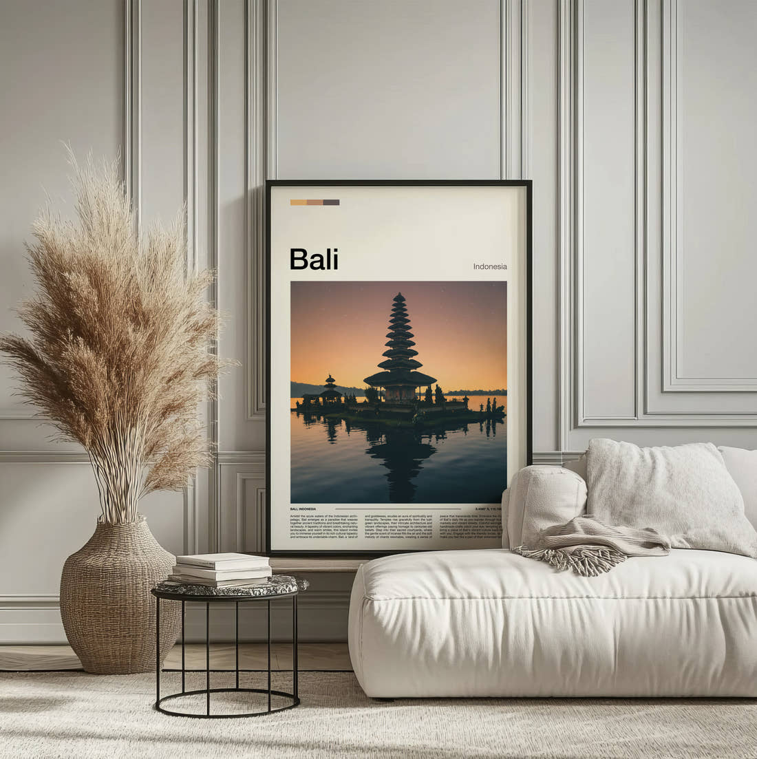 Bali Pura Ulun Danu Beratan Travel Print framed on the wall of a calm, neutral bedroom