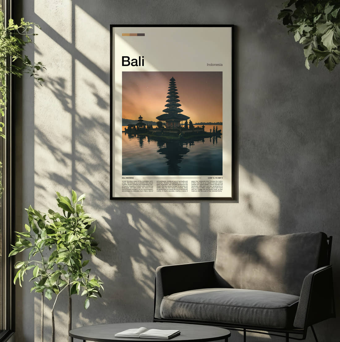 Bali Pura Ulun Danu Beratan Travel Print framed on the wall of a relaxed living room