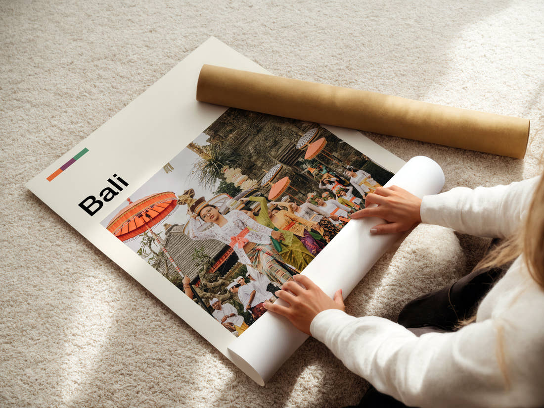 Bali Traditional Dancers Travel Print being unrolled from its postal tube