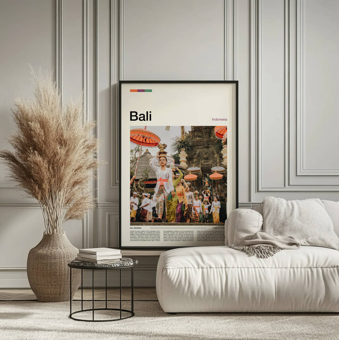 Bali Traditional Dancers Travel Print framed on the wall of a calm, neutral bedroom