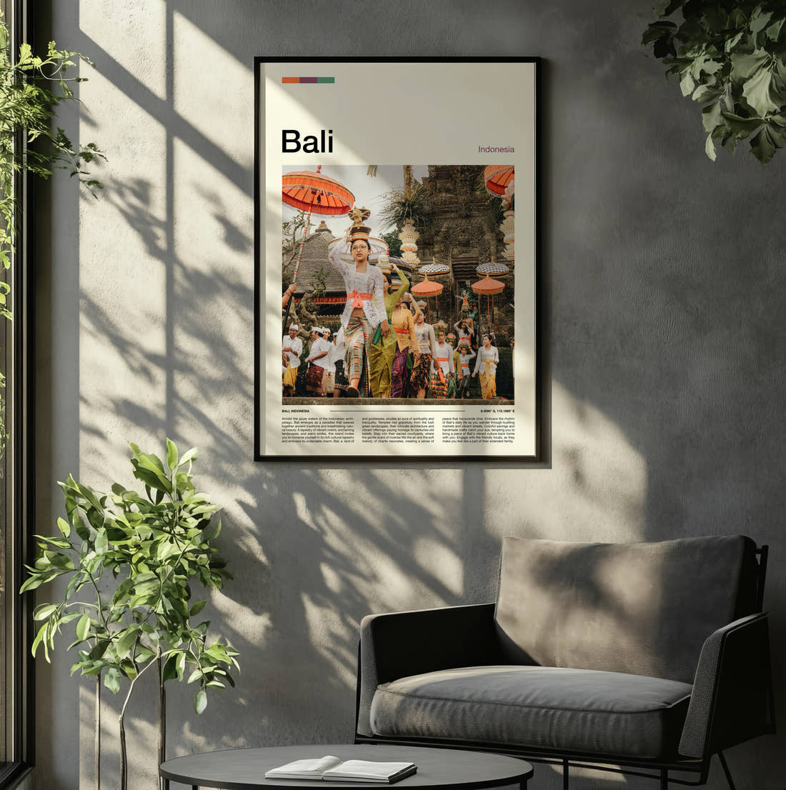 Bali Traditional Dancers Travel Print framed on the wall of a relaxed living room