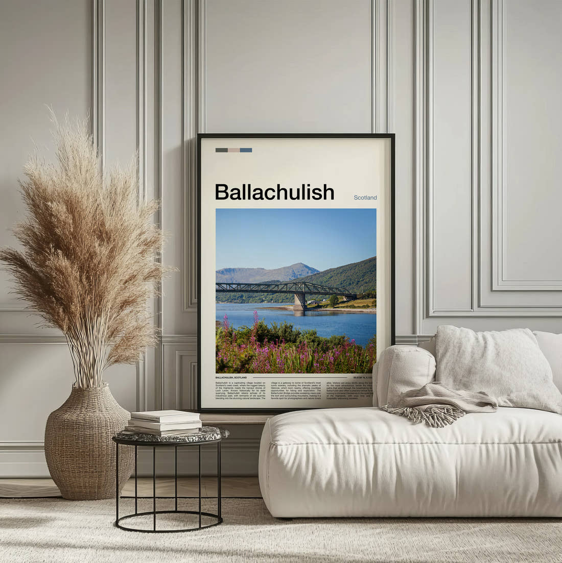 Ballachulish Bridge Over The Loch Travel Print framed on the wall of a calm, neutral bedroom