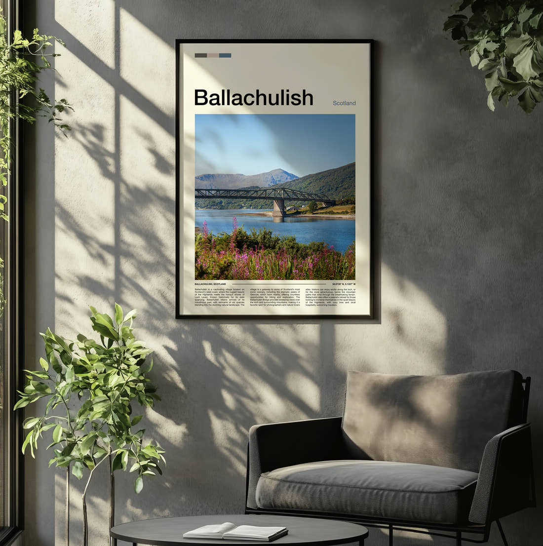 Ballachulish Bridge Over The Loch Travel Print framed on the wall of a relaxed living room