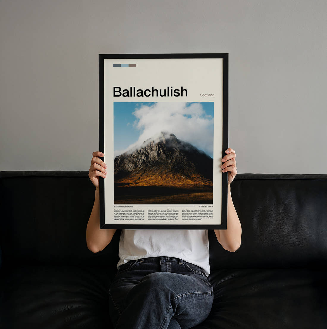 Ballachulish Mountain Peak In Cloud Travel Print held up by hand to show the size of the print