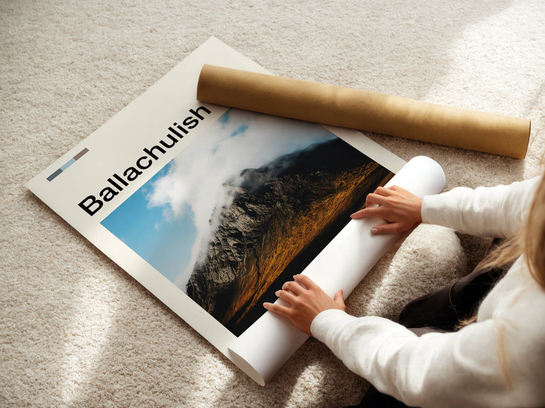 Ballachulish Mountain Peak In Cloud Travel Print being unrolled from its postal tube