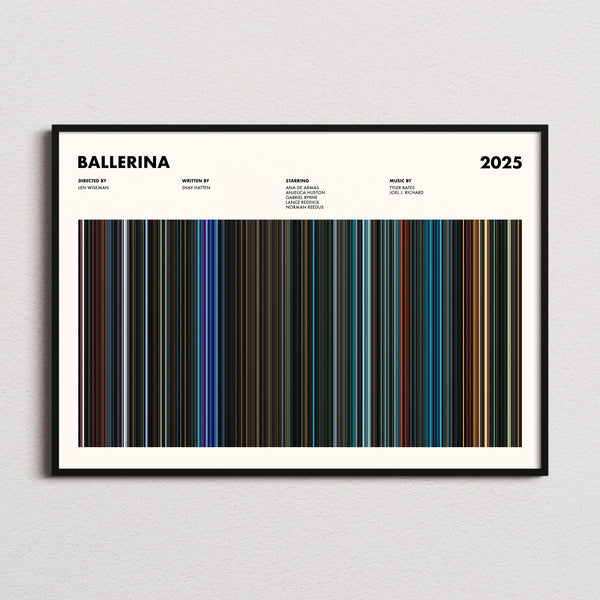 Ballerina Movie Barcode Poster framed and photographed straight on