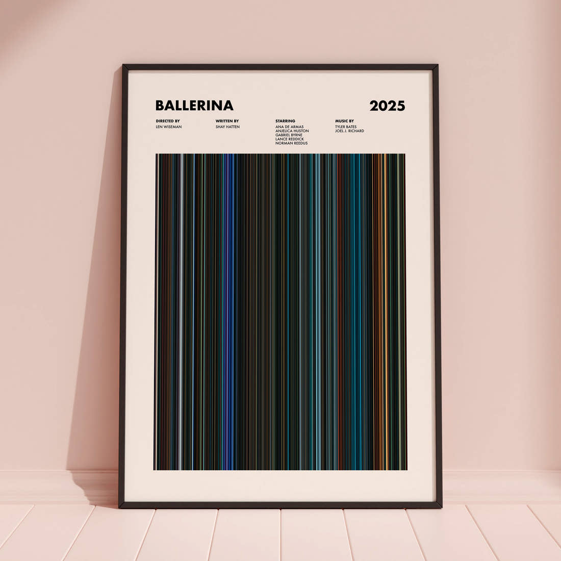 Ballerina Movie Barcode Poster framed and leaning against a coloured wall