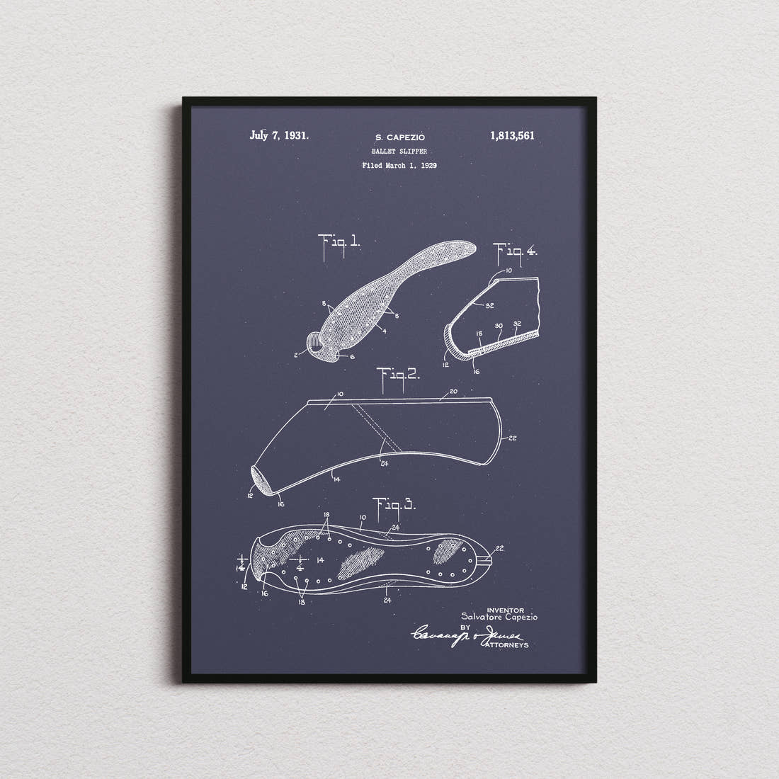 Ballet Slipper Patent Print in the navy colourway, framed