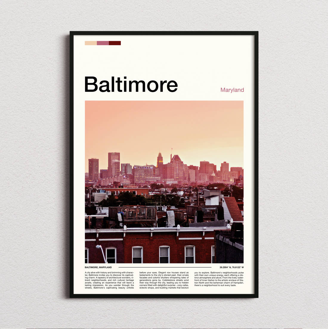 Baltimore Rooftops And Skyline Travel Print framed and photographed straight on