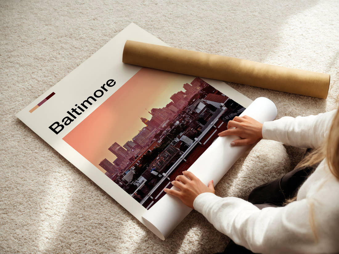 Baltimore Rooftops And Skyline Travel Print being unrolled from its postal tube