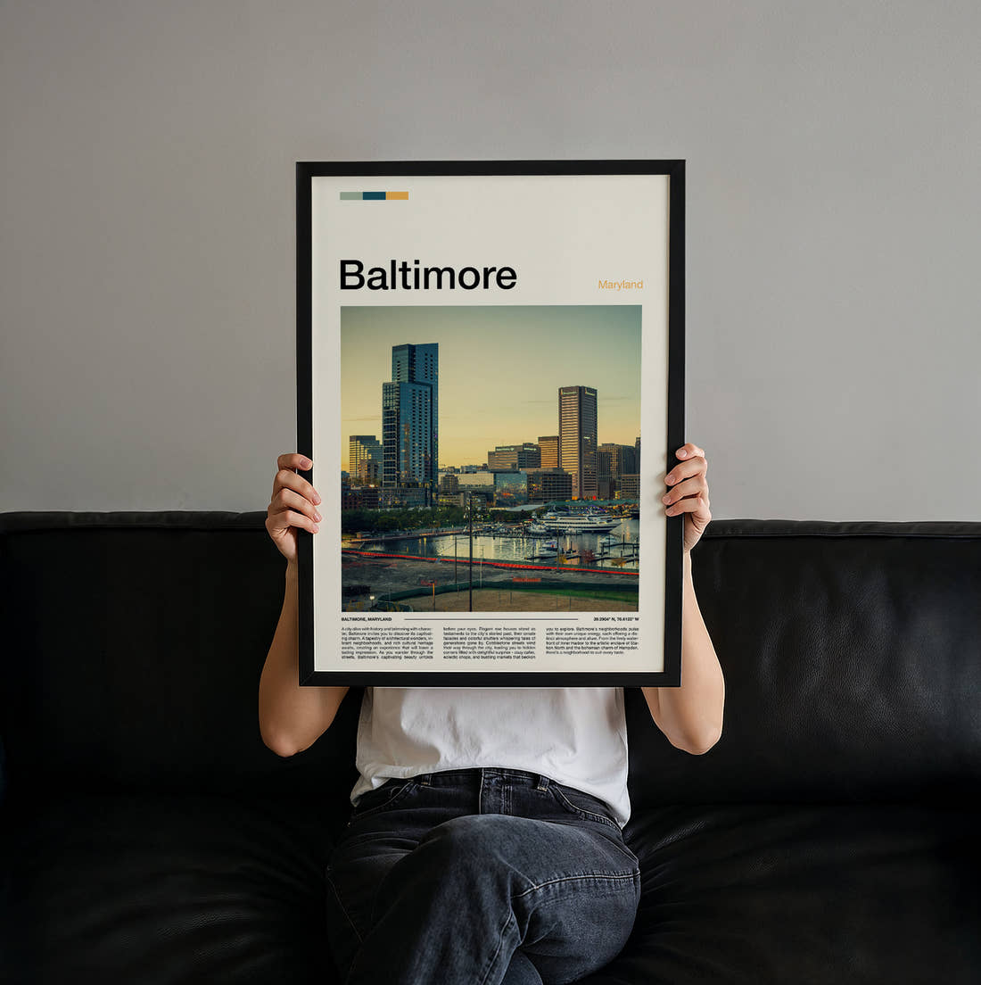Baltimore Waterfront Skyline Travel Print held up by hand to show the size of the print