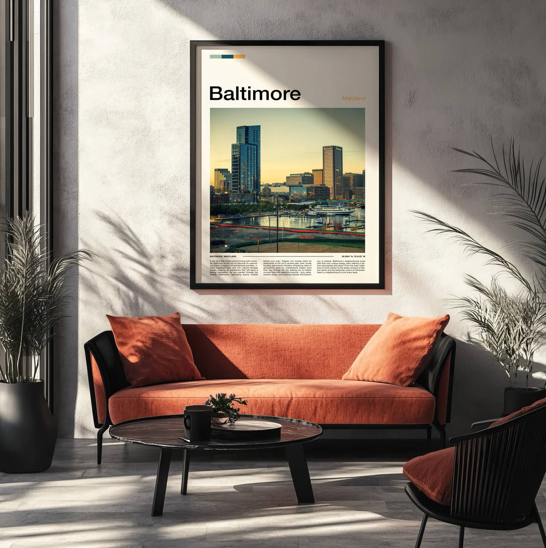 Baltimore Waterfront Skyline Travel Print framed on the wall of a modern living room