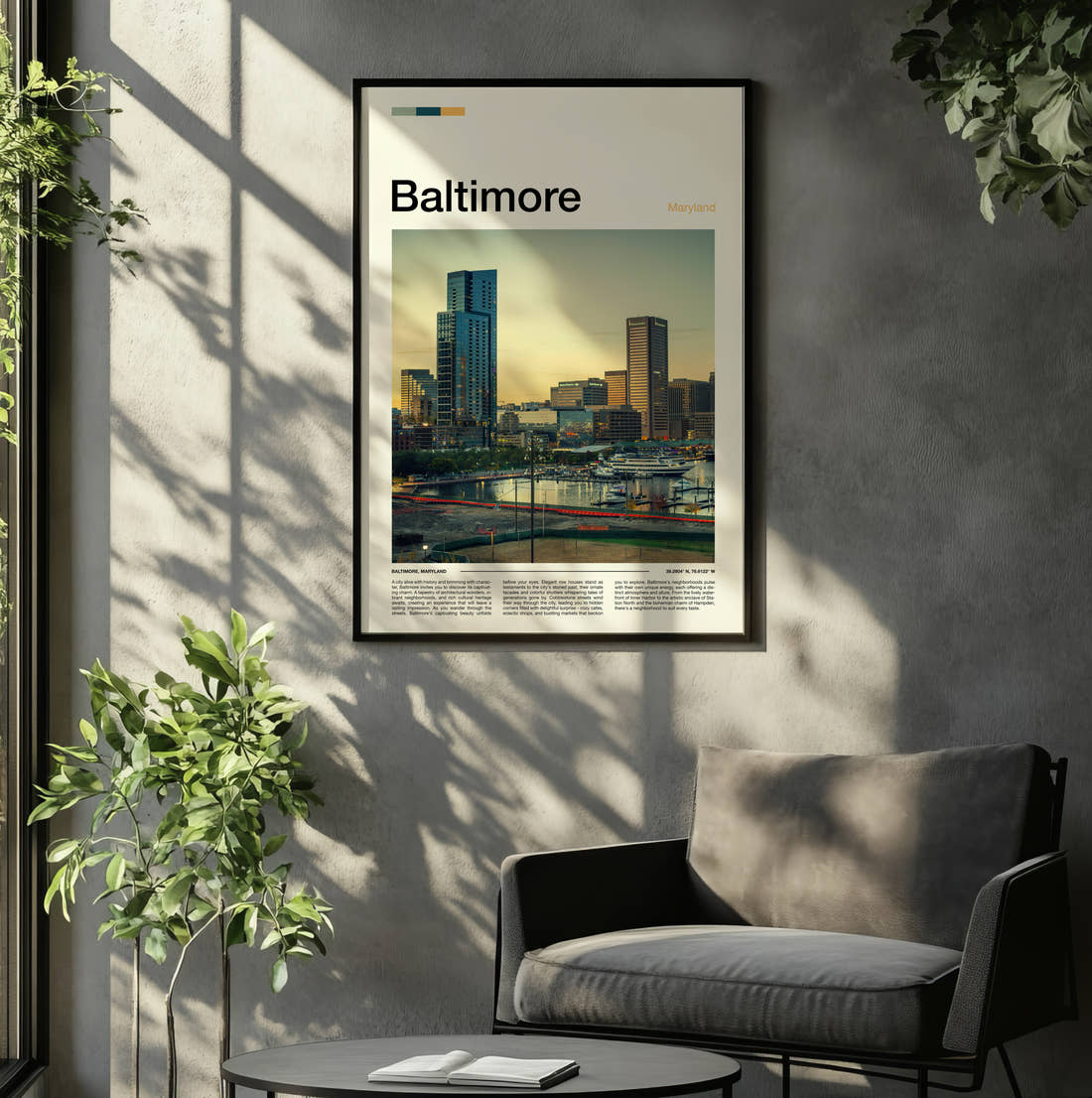 Baltimore Waterfront Skyline Travel Print framed on the wall of a relaxed living room