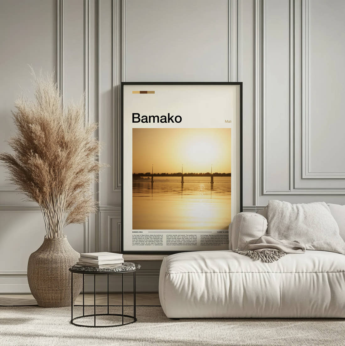 Bamako Bridge At Sunset Travel Print framed on the wall of a calm, neutral bedroom