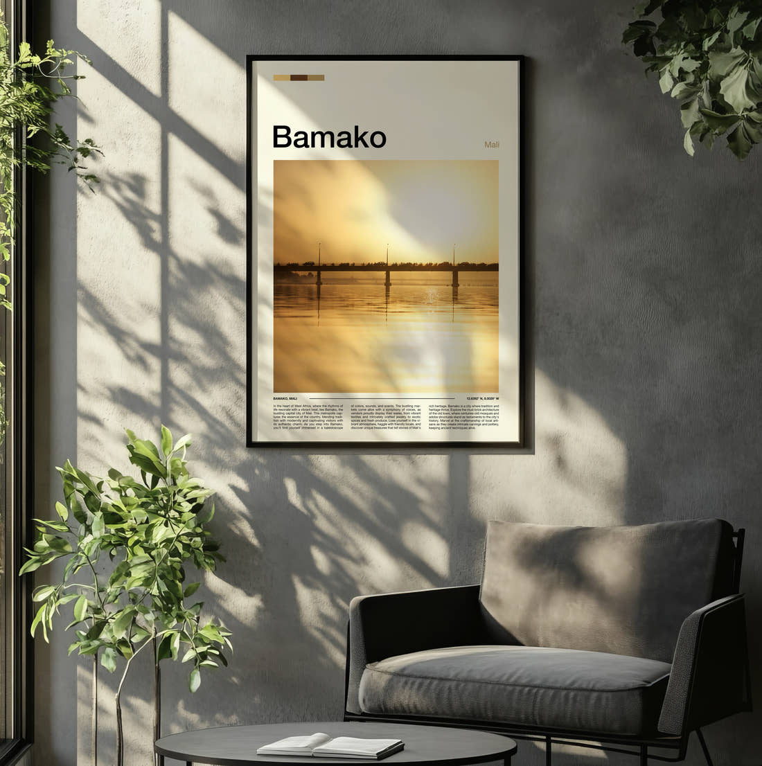 Bamako Bridge At Sunset Travel Print framed on the wall of a relaxed living room