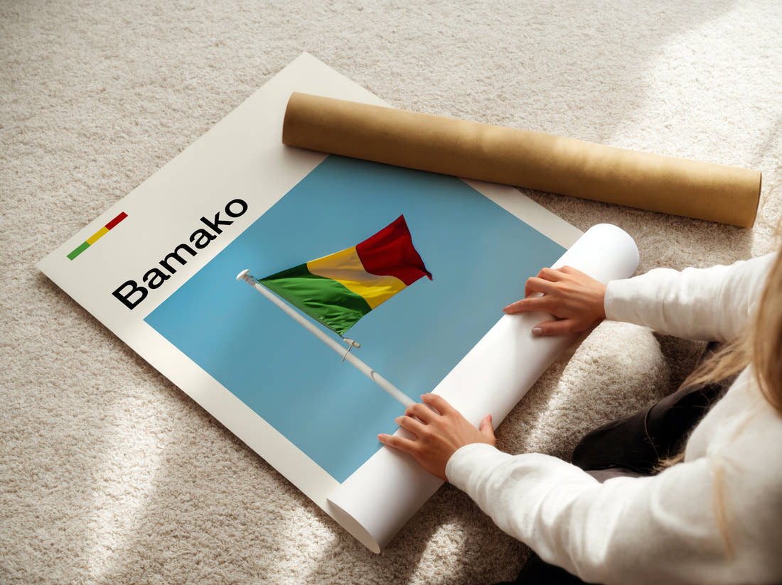 Bamako National Flag Travel Print being unrolled from its postal tube