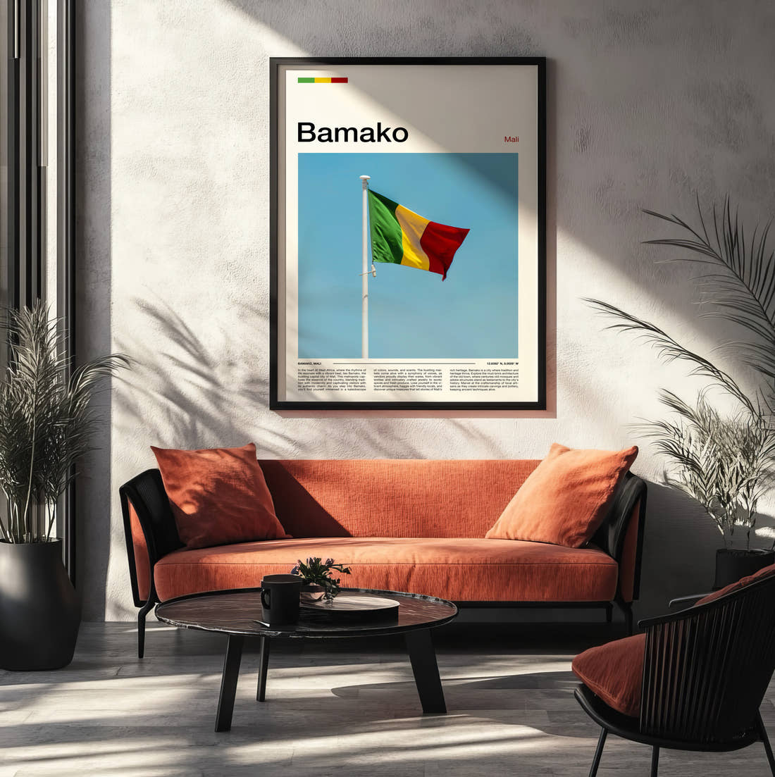 Bamako National Flag Travel Print framed on the wall of a modern living room