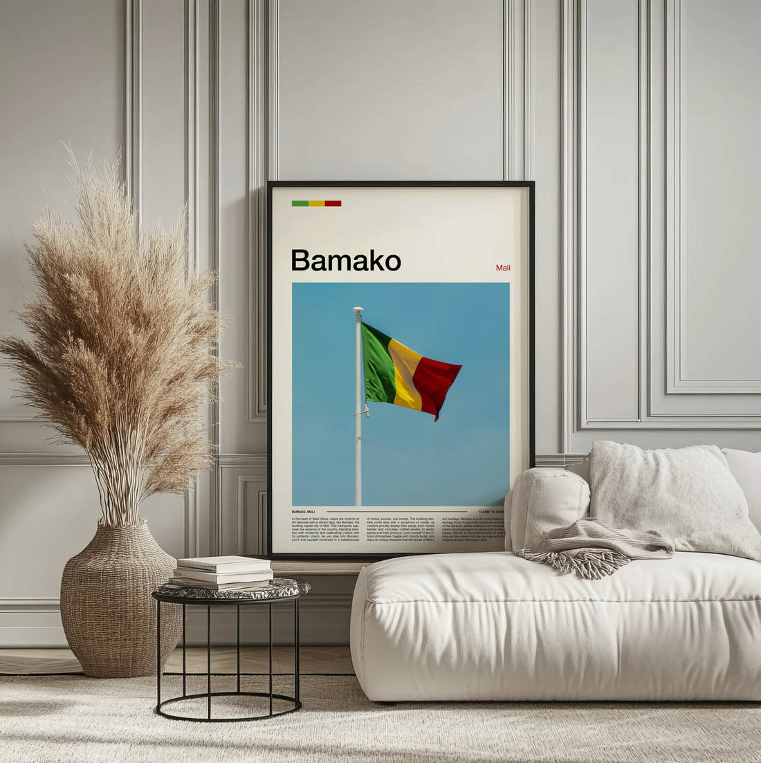 Bamako National Flag Travel Print framed on the wall of a calm, neutral bedroom