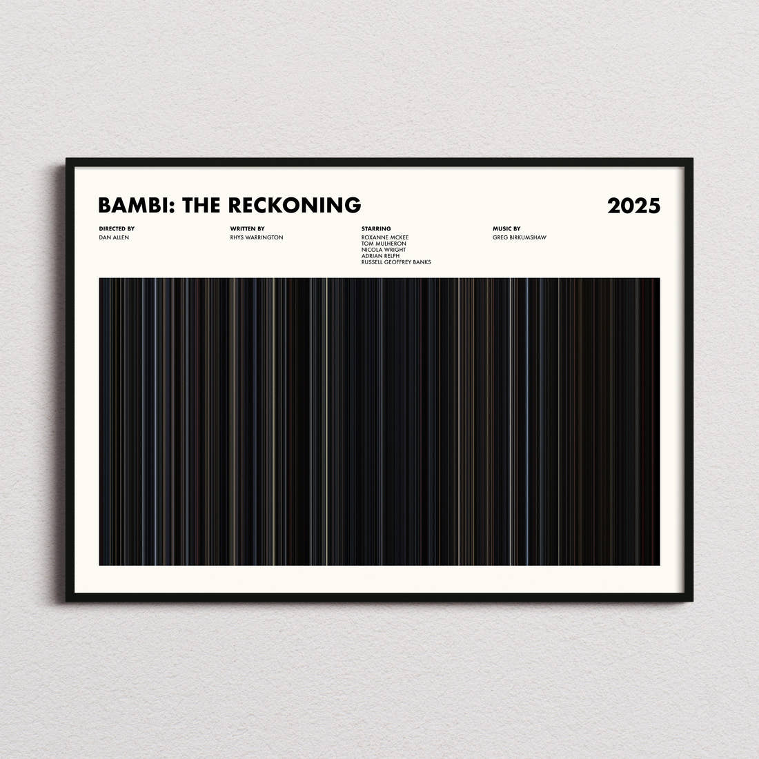 Bambi: The Reckoning Movie Barcode Poster framed and photographed straight on