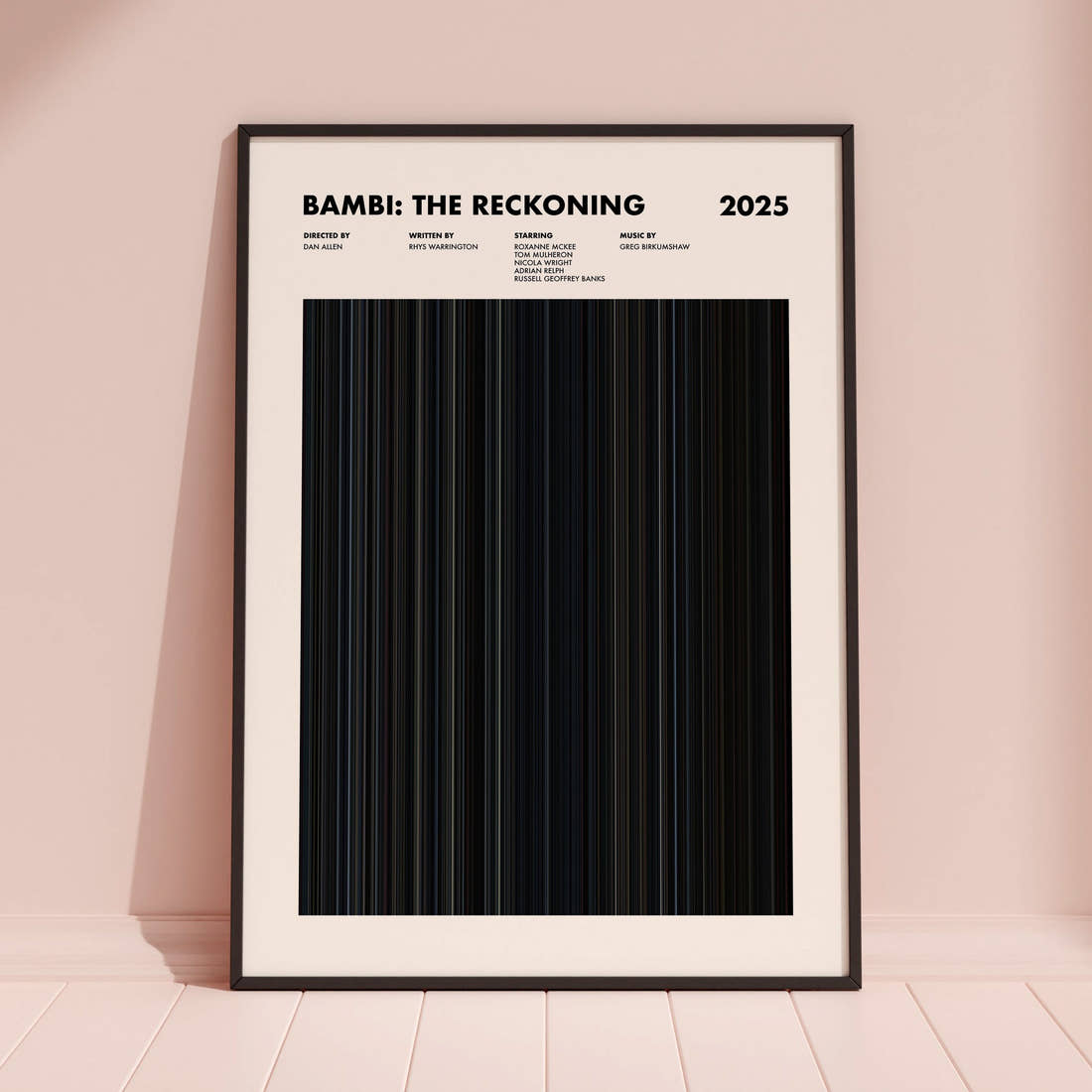 Bambi: The Reckoning Movie Barcode Poster framed and leaning against a coloured wall
