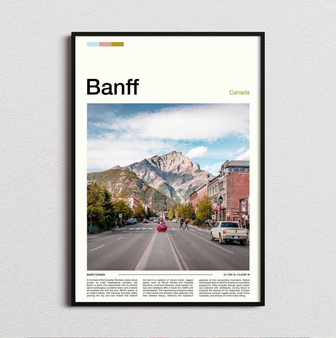 Banff Main Street And Mountain Travel Print framed and photographed straight on