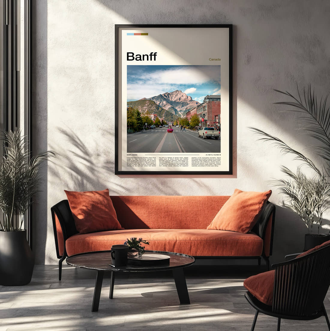 Banff Main Street And Mountain Travel Print framed on the wall of a modern living room