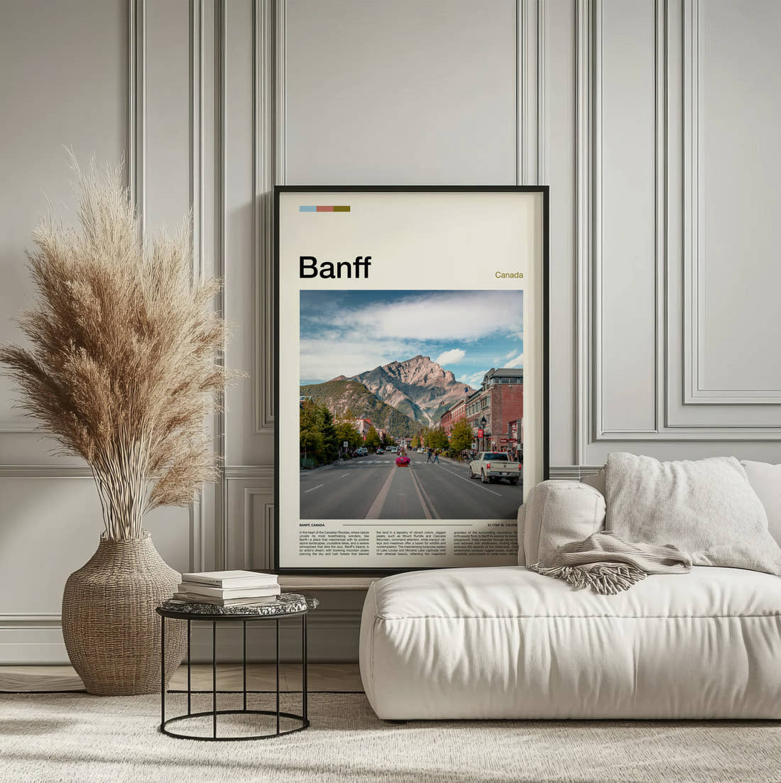 Banff Main Street And Mountain Travel Print framed on the wall of a calm, neutral bedroom
