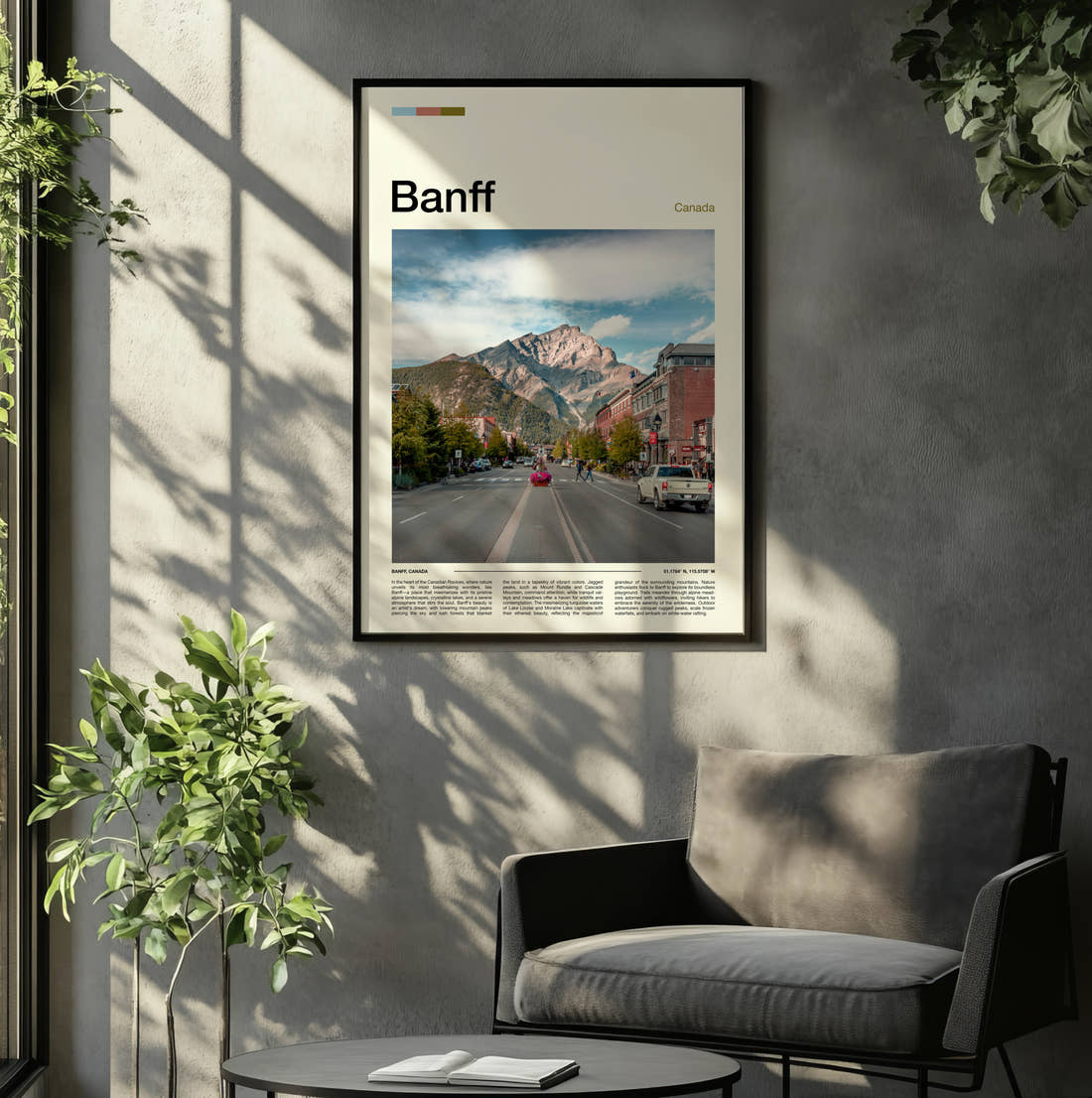 Banff Main Street And Mountain Travel Print framed on the wall of a relaxed living room