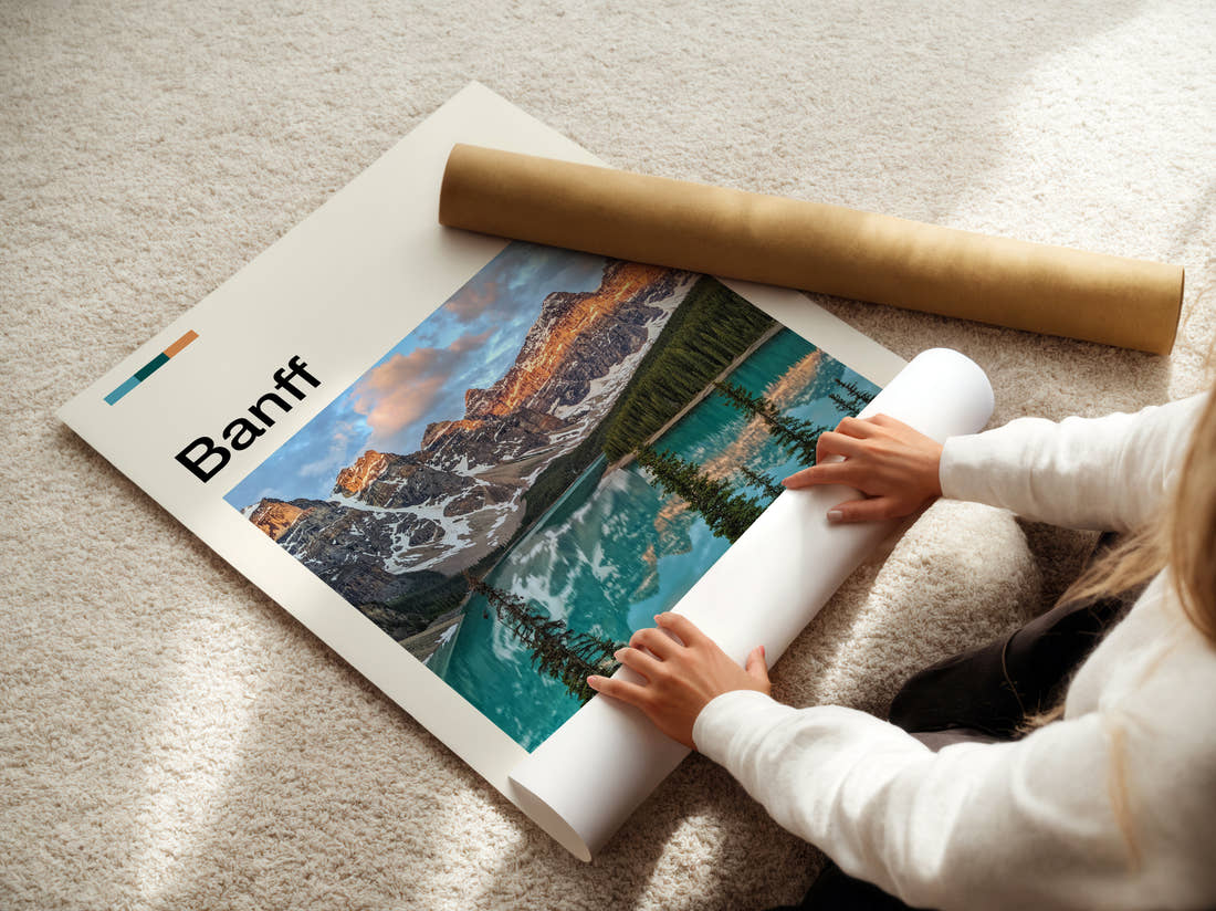 Banff Moraine Lake At Sunrise Travel Print being unrolled from its postal tube