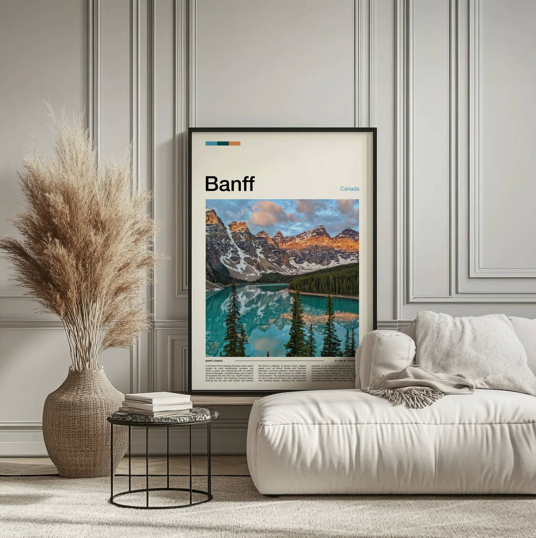 Banff Moraine Lake At Sunrise Travel Print framed on the wall of a calm, neutral bedroom