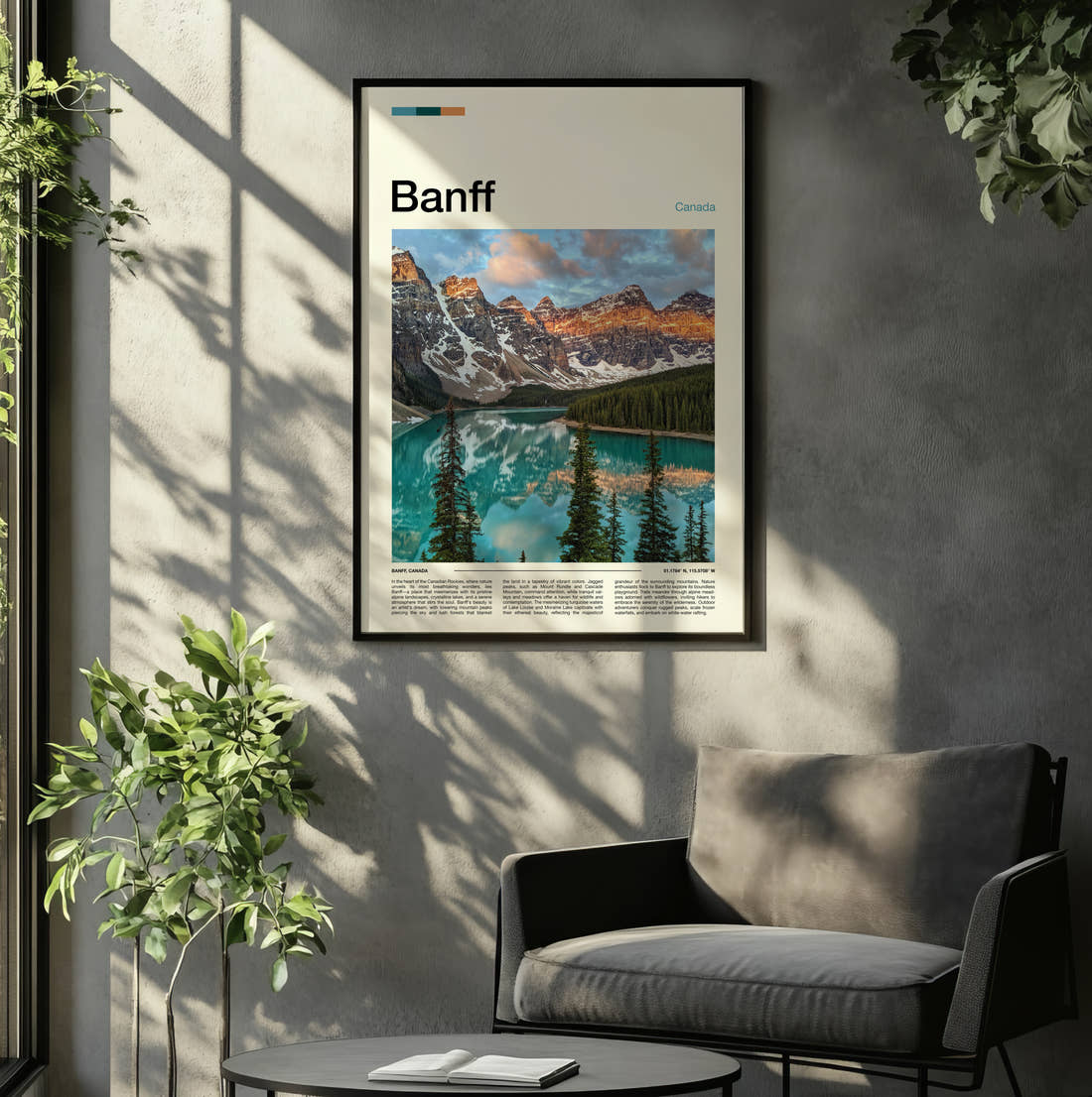 Banff Moraine Lake At Sunrise Travel Print framed on the wall of a relaxed living room