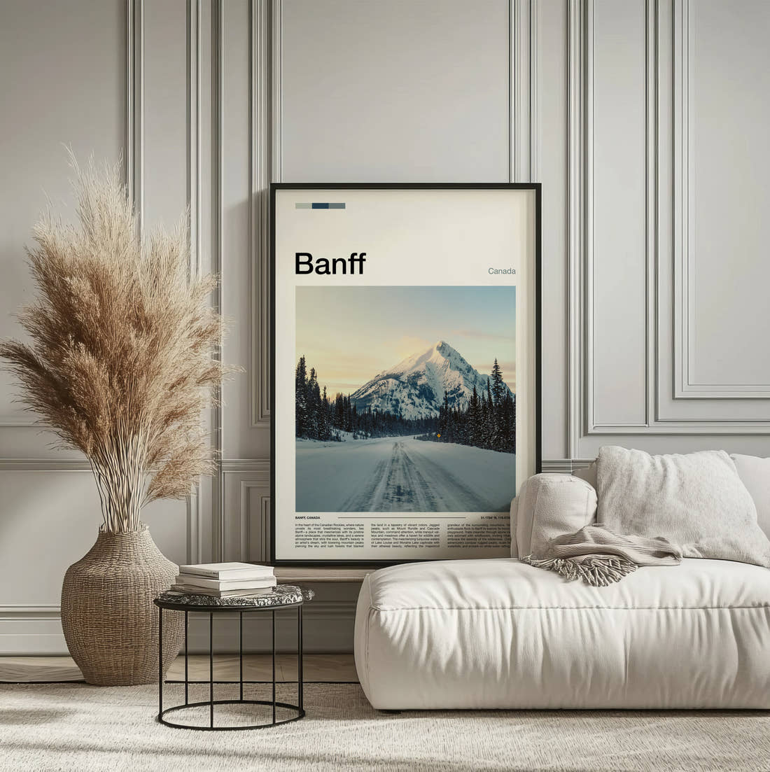 Banff Snowy Road To Mountain Travel Print framed on the wall of a calm, neutral bedroom