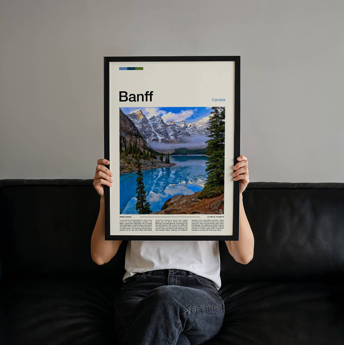 Banff Moraine Lake Morning Mist Travel Print held up by hand to show the size of the print