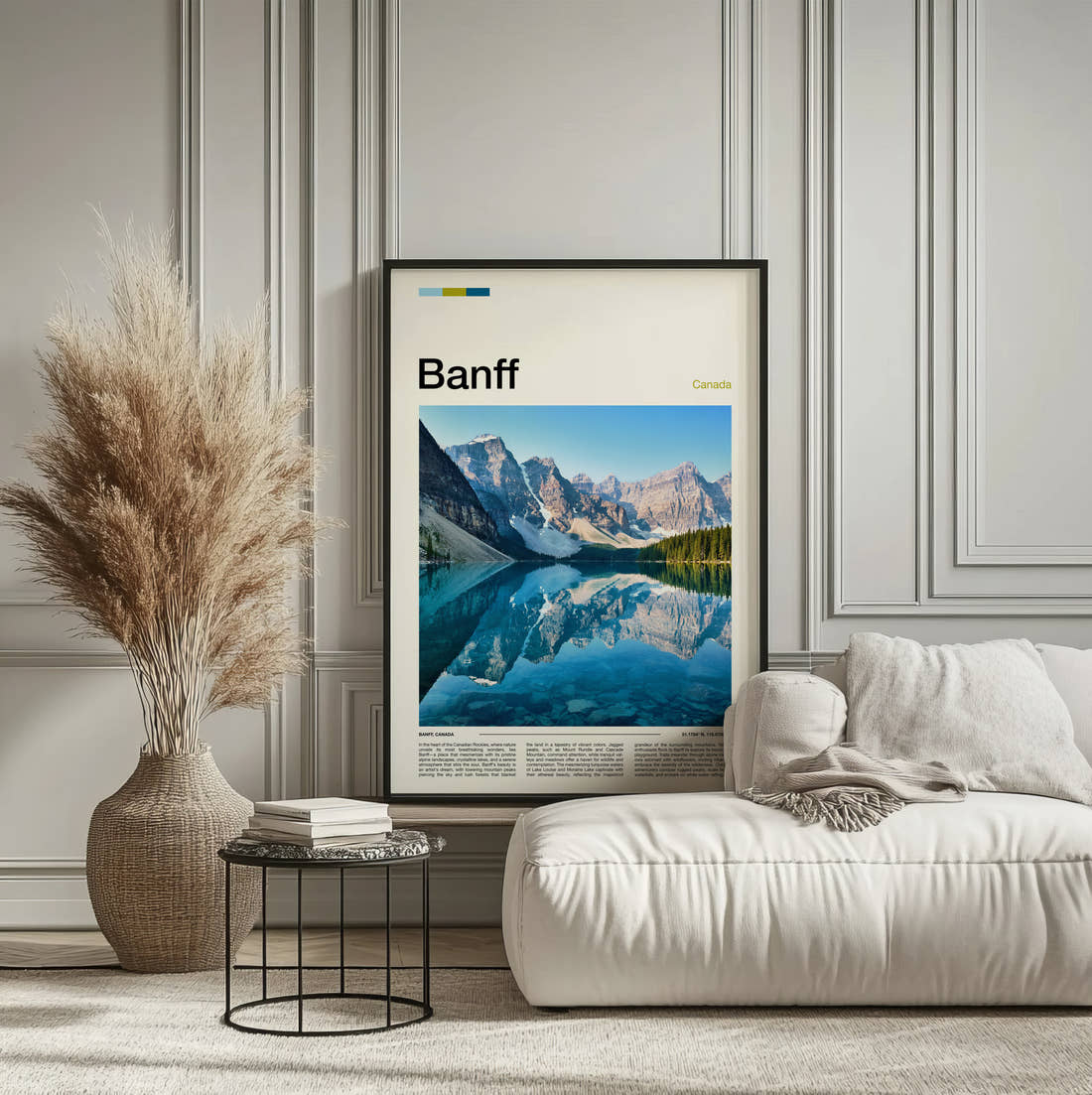 Banff Mountains Reflected In Lake Travel Print framed on the wall of a calm, neutral bedroom