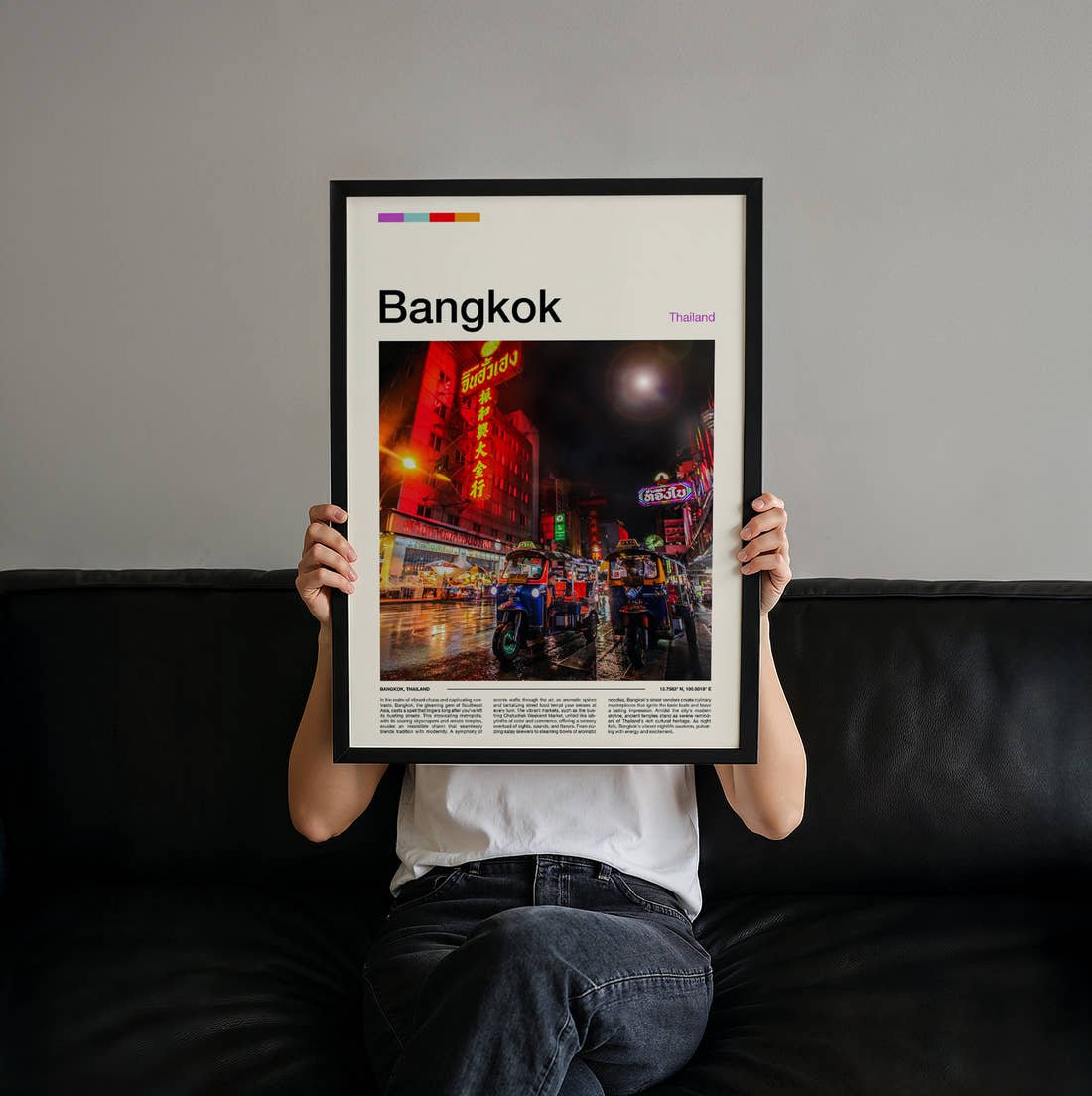 Bangkok Chinatown Neon Signs Travel Print held up by hand to show the size of the print