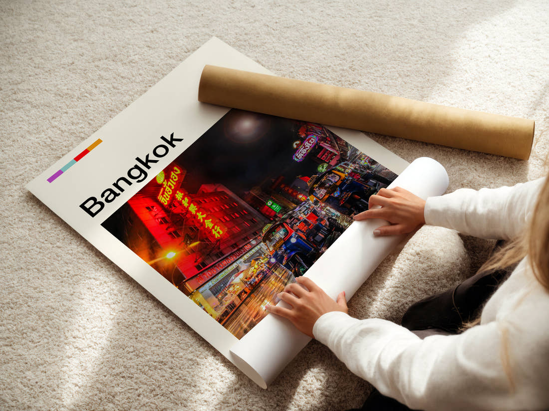Bangkok Chinatown Neon Signs Travel Print being unrolled from its postal tube