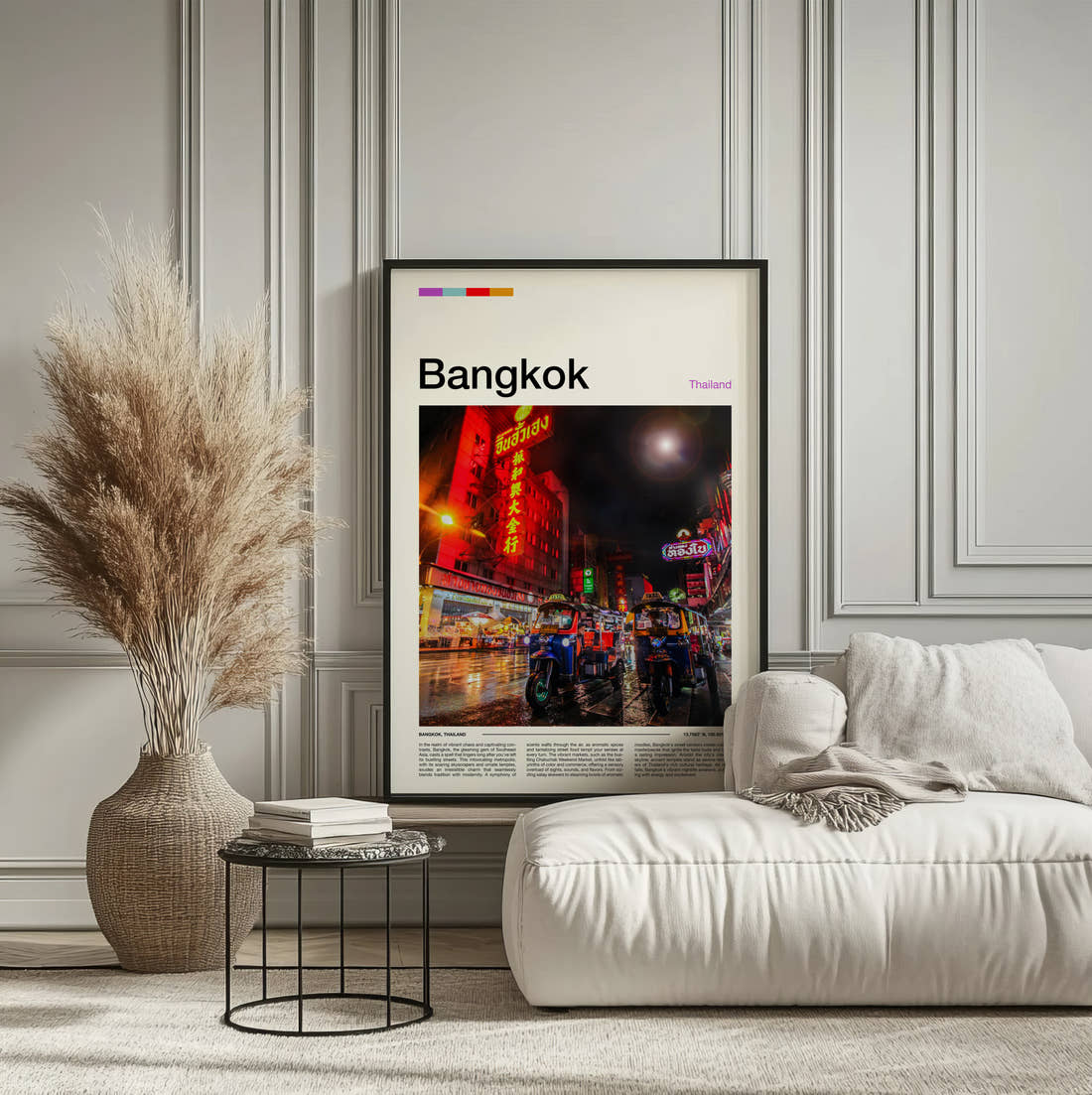 Bangkok Chinatown Neon Signs Travel Print framed on the wall of a calm, neutral bedroom