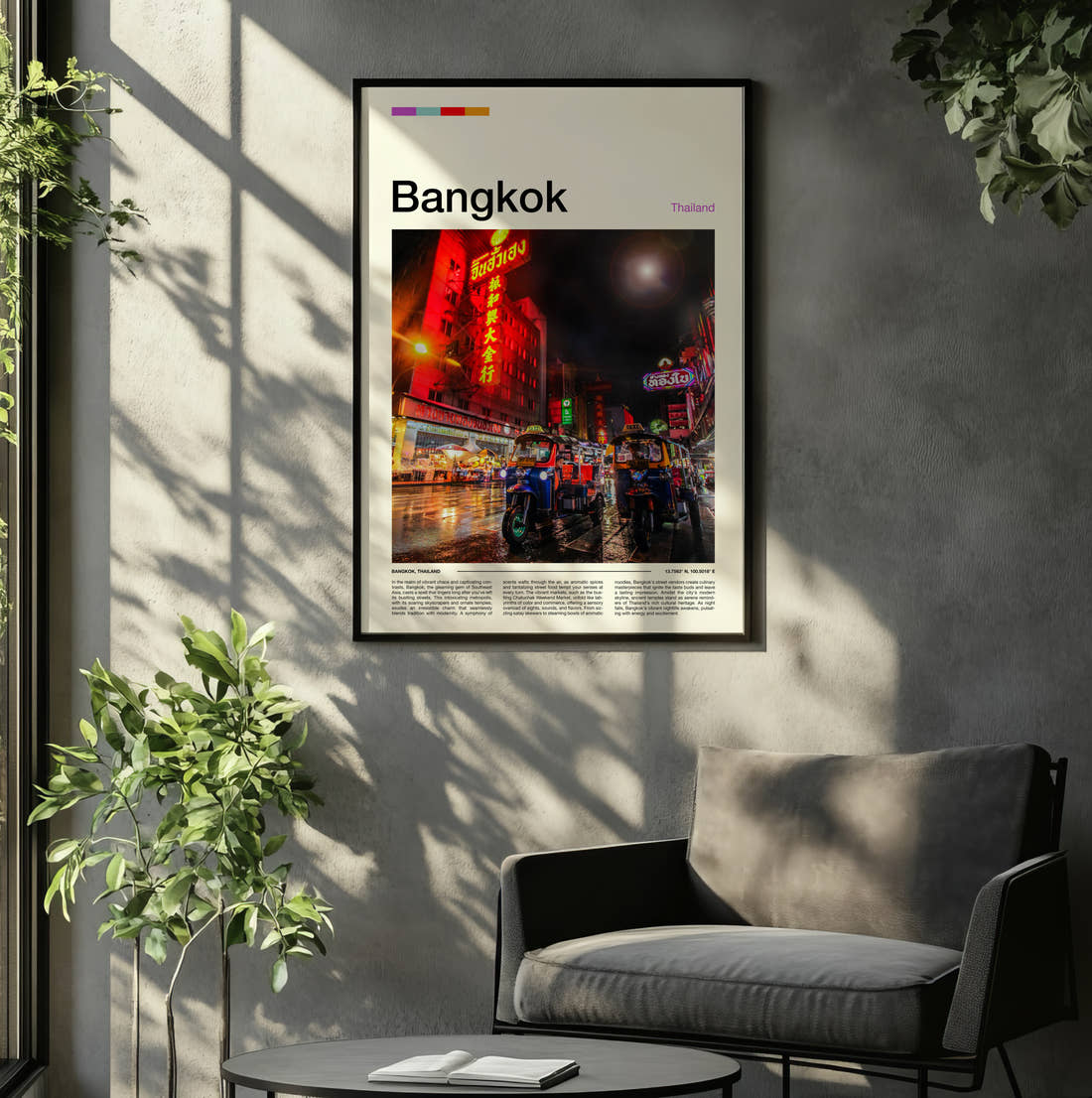 Bangkok Chinatown Neon Signs Travel Print framed on the wall of a relaxed living room