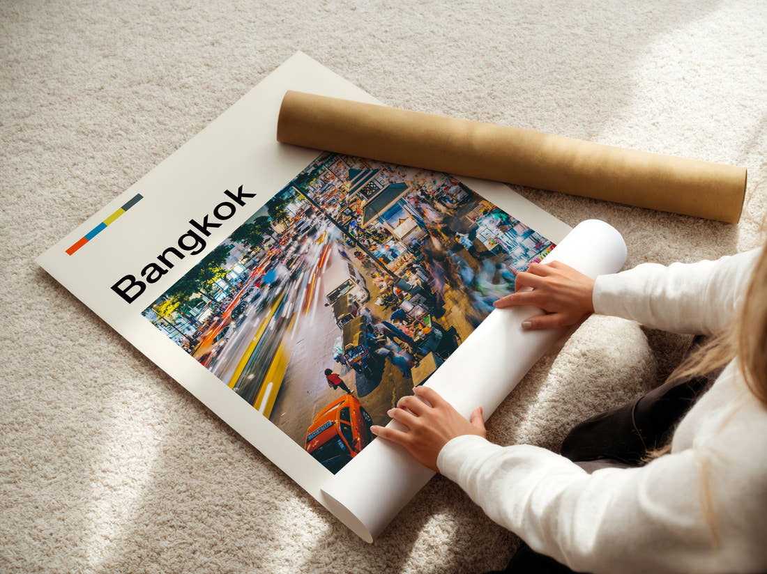 Bangkok Busy Street Traffic Travel Print being unrolled from its postal tube