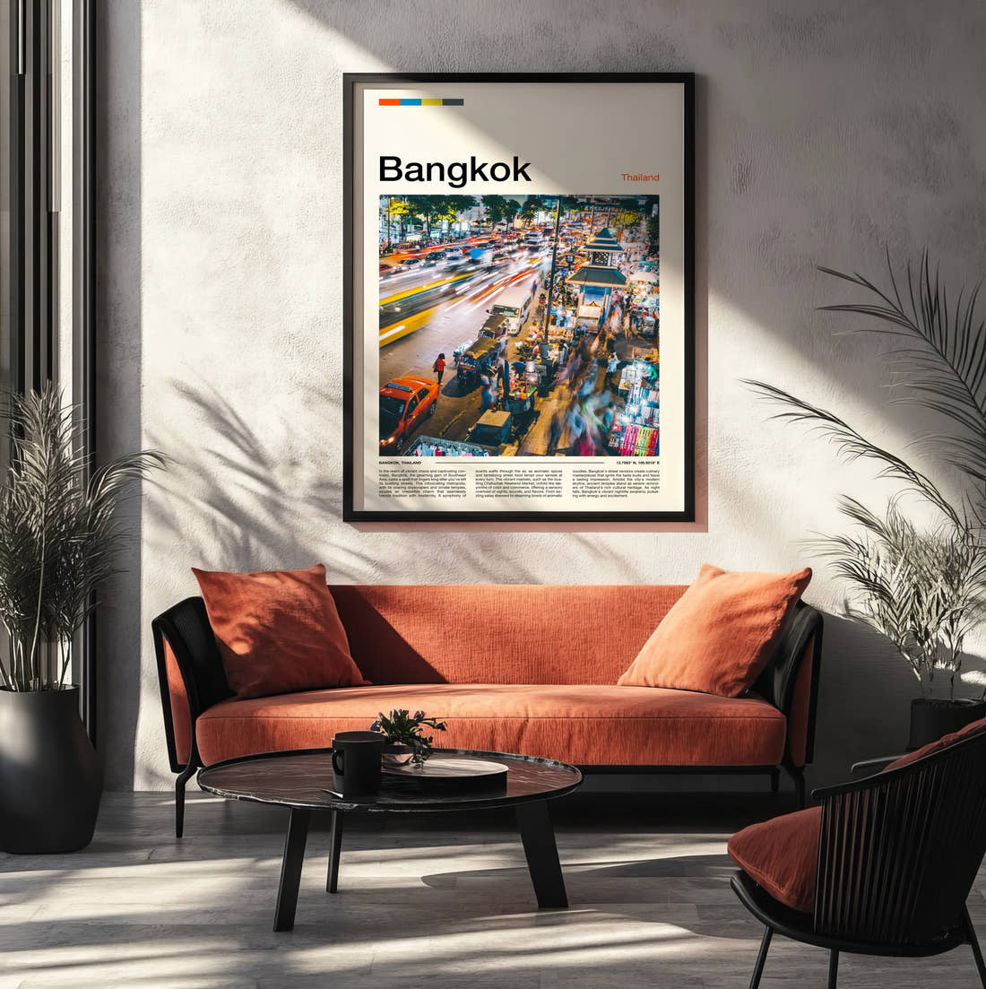 Bangkok Busy Street Traffic Travel Print framed on the wall of a modern living room