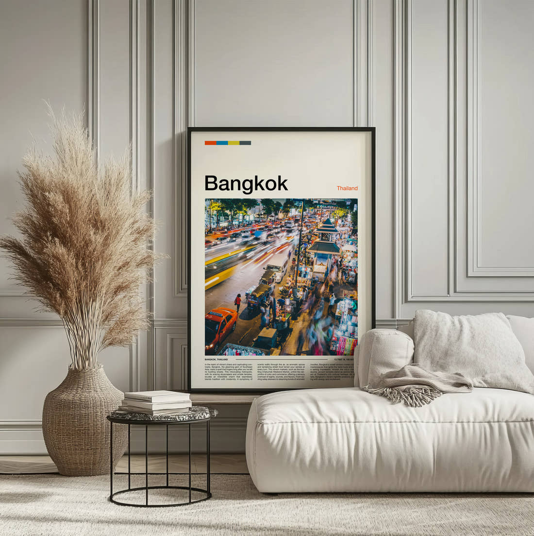 Bangkok Busy Street Traffic Travel Print framed on the wall of a calm, neutral bedroom