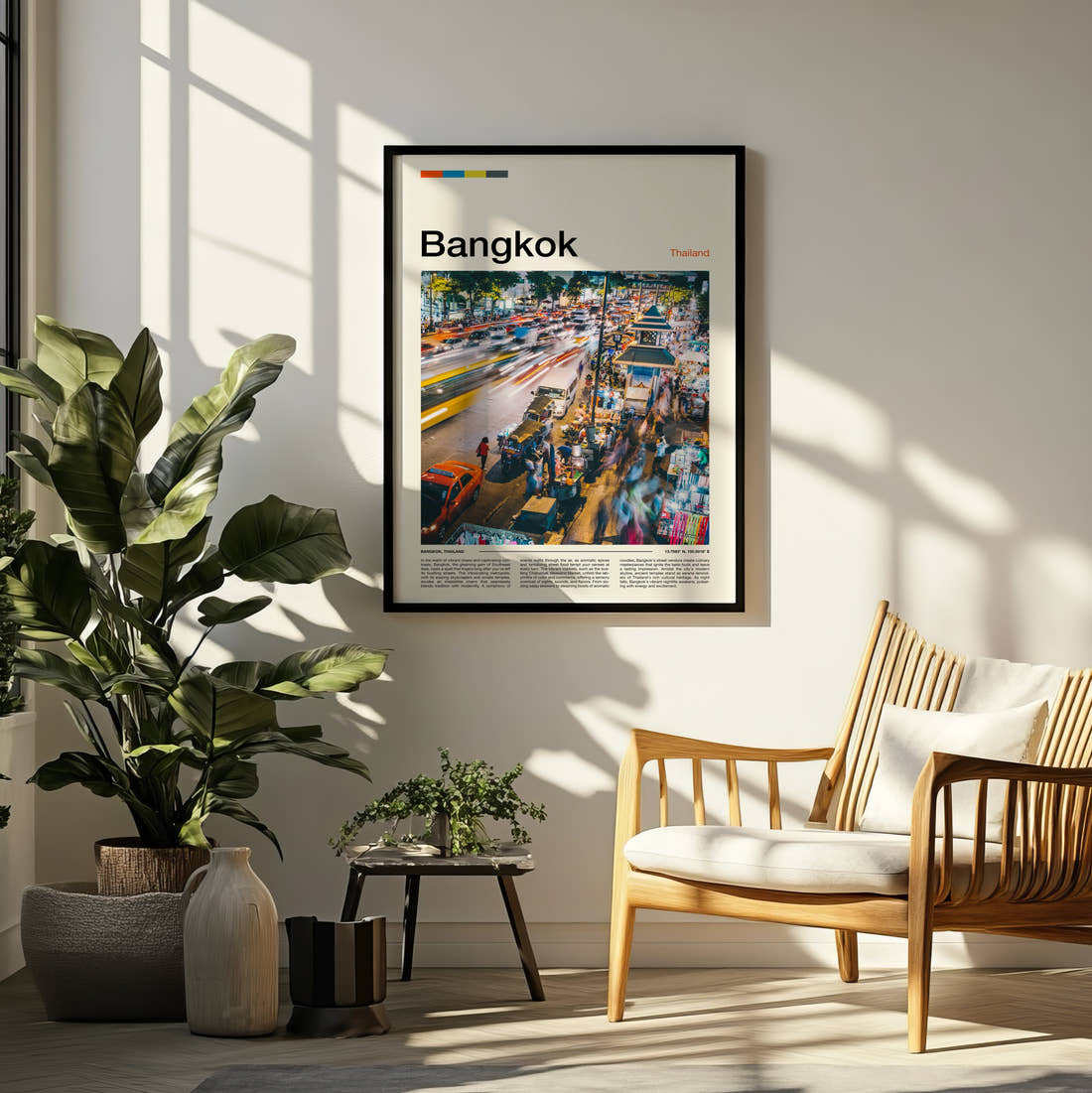 Bangkok Busy Street Traffic Travel Print framed on a pale wall beside houseplants